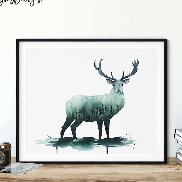 Deer Print, Deer Watercolor Painting, Deer Stag Wall Art Painting, Woodland Animal, Evergreen Trees, Deer Nursery Decor, Deer Wall Antlers