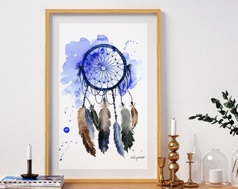 Dream Catcher Wall Art, Dreamcatcher Art Print, Watercolor Painting, Native America Home Decor, Boho Feather Nursery Decor, Tribal Print