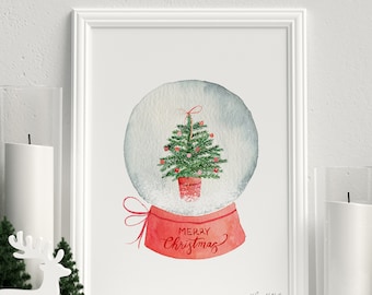 Christmas Tree Snow Globe Print, Merry Christmas Wall Art, Seasonal Home Decor, Snow Globe Christmas Decor, Watercolor Colorful Holiday