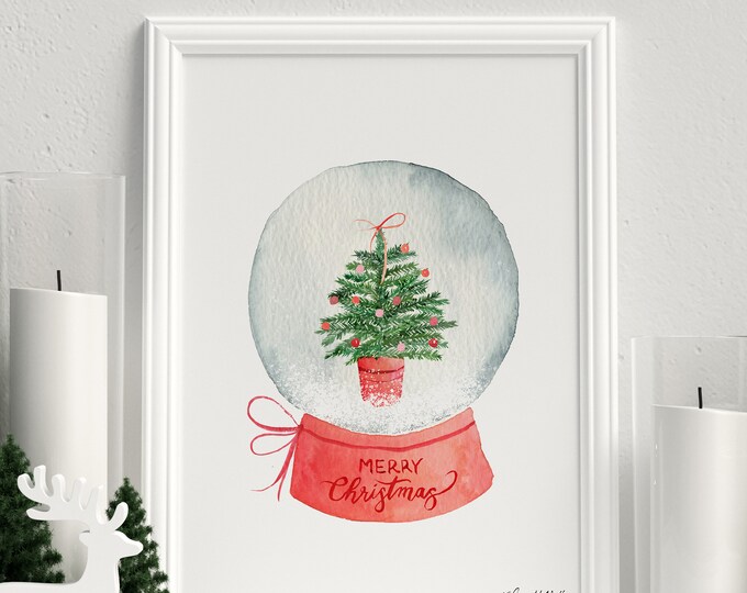 Christmas Tree Snow Globe Print, Merry Christmas Wall Art, Seasonal Home Decor, Snow Globe Christmas Decor, Watercolor Colorful Holiday