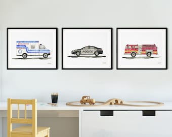 Set of 3 Emergency Vehicle Art Prints, Kids Gallery Wall Set, Truck Wall Art, Nursery Watercolor Painting, Fire Truck, Police Car, Ambulance