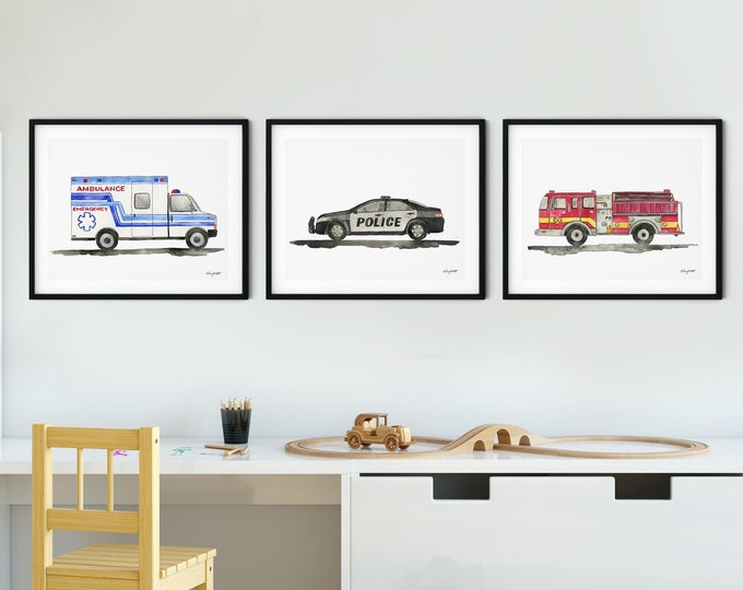 Set of 3 Emergency Vehicle Prints, Kids Gallery Wall Set, Truck Wall Art, Nursery Watercolor Painting, Fire Truck, Police Car, Ambulance