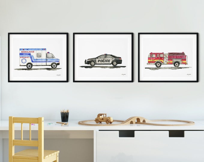 Set of 3 Emergency Vehicle Art Prints, Kids Gallery Wall Set, Truck Wall Art, Nursery Watercolor Painting, Fire Truck, Police Car, Ambulance