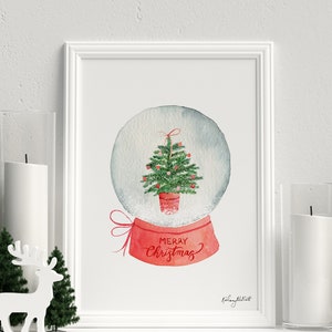 Christmas Tree Snow Globe Print, Merry Christmas Wall Art, Seasonal Home Decor, Snow Globe Christmas Decor, Watercolor Colorful Holiday