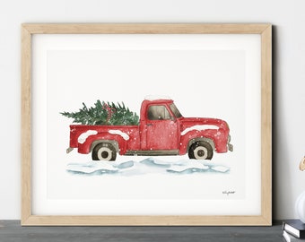 Vintage Christmas Truck Art Print, Red Truck Wall Art, Farmhouse Decor, Red Christmas Decor, Watercolor Christmas, Rustic Holiday Art