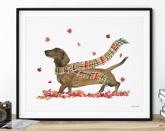 Fall Dog Wall Art, Dachshund Art Print, Autumn Home Decor, Fall Wall Art, Halloween Art Print, Fall Decor, Dachshund Gift, Cozy Fall Decor