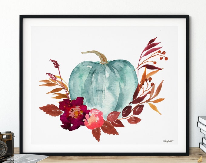Teal Pumpkin Wall Art, Watercolor Pumpkins, Fall Flower Pumpkin Art Print, Fall Farmhouse Decor, Fall Wall Art, Blue Pumpkin Wall Art