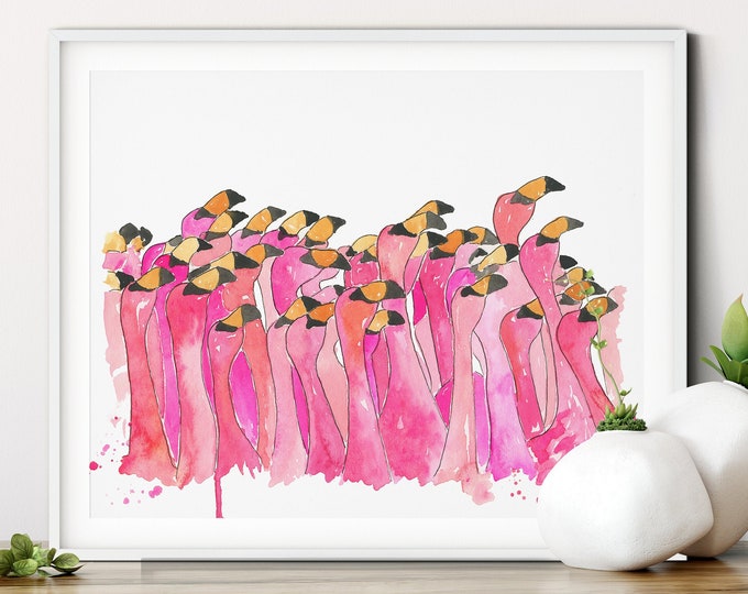 Watercolor Flamingos Print, Bird Prints, Beach Cottage Decor, Flamingo Painting, Flamingo Squad, Pink Flamingo Nursery Decor, Tropical Decor