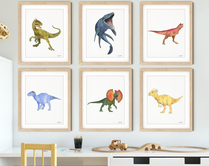 Set of 6 Dinosaur Art Prints, Kids Gallery Wall Set, Dinosaur Wall Art, Dinosaur Nursery, Boys Room Dinosaur Decor, Kids Room Wall Art Dinos