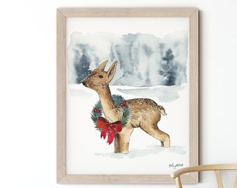 Christmas Deer Print, Farmhouse Christmas Print, Deer Holiday Print, Watercolor Painting, Christmas Wreath Print, Rustic Holiday Art Print
