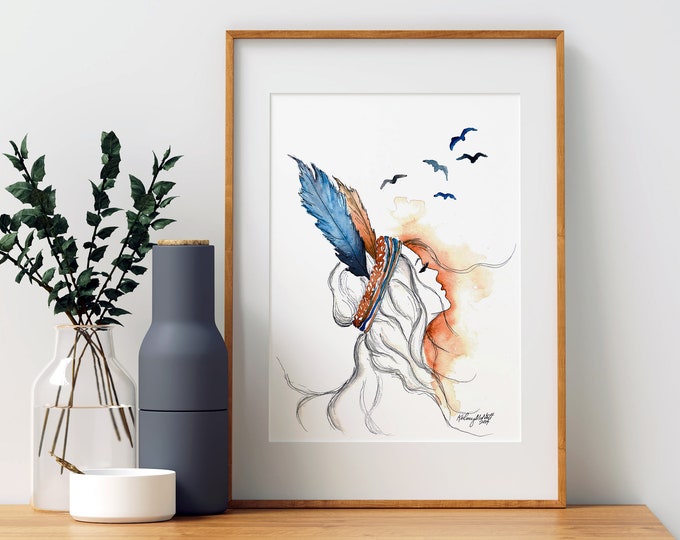 Free Spirit, Watercolor Painting, Native American wall art, Fashion Illustration, Feather Print, boho wall decor, feather decor, Native Art
