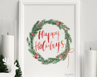 Happy Holidays Pine Branch Wreath Print, Botanical Holiday Decor, Christmas Art Print, Watercolor Painting, Floral Wreath Colorful Christmas