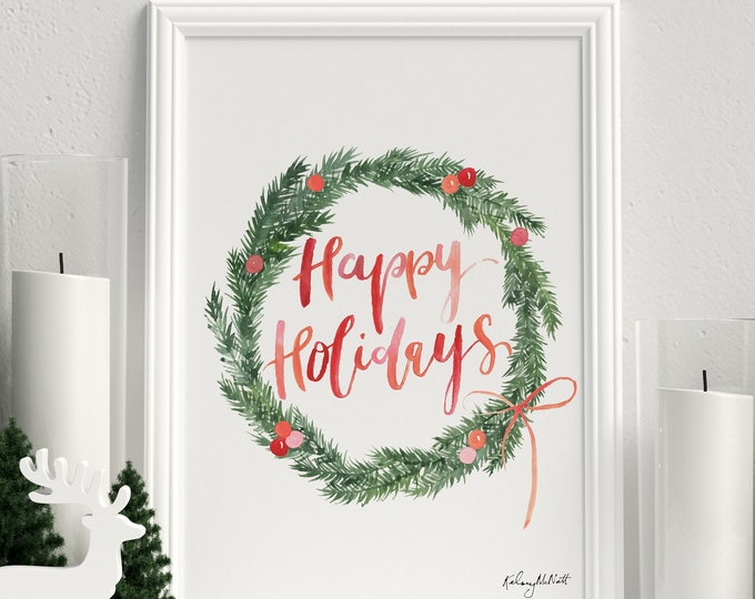 Happy Holidays Pine Branch Wreath Print, Botanical Holiday Decor, Christmas Art Print, Watercolor Painting, Floral Wreath Colorful Christmas