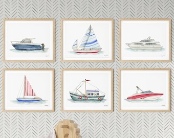 Set of 6 Boats Art Prints, Kids Gallery Wall Set, Nautical Wall Art, Transportation Print Nursery, Watercolor Painting, Boat Decor, Sailboat