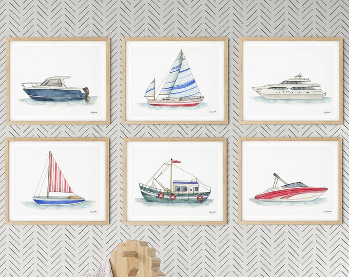 Set of 6 Boats Art Prints, Kids Gallery Wall Set, Nautical Wall Art, Transportation Print Nursery, Watercolor Painting, Boat Decor, Sailboat