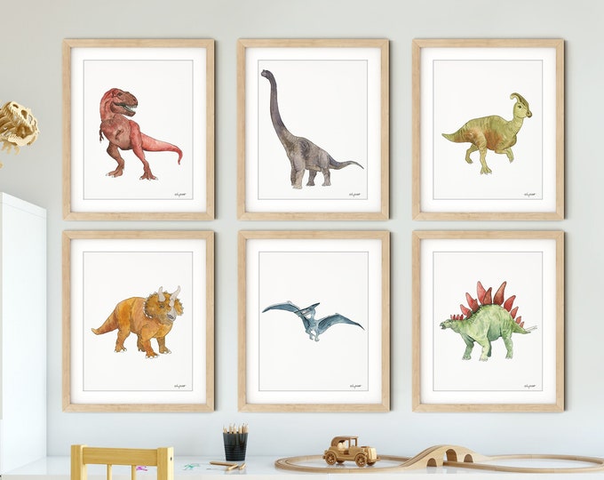 Set of 6 Dinosaur Art Prints, Kids Gallery Wall Set, Dinosaur Wall Art, Dinosaur Nursery, Boys Room Dinosaur Decor, Kids Room Wall Art Dinos