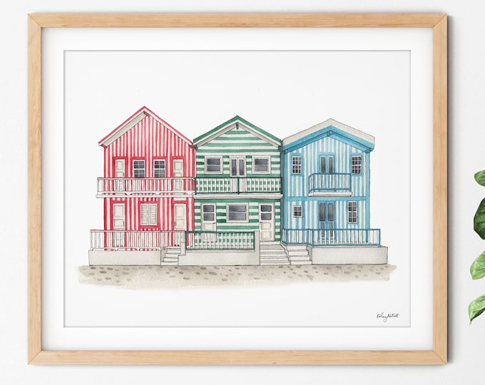 Costa Nova Portugal Wall Art, Aveiro Beach Houses Watercolor Painting, Coastal Home Decor, Travel Art Print, Portugal Travel Poster