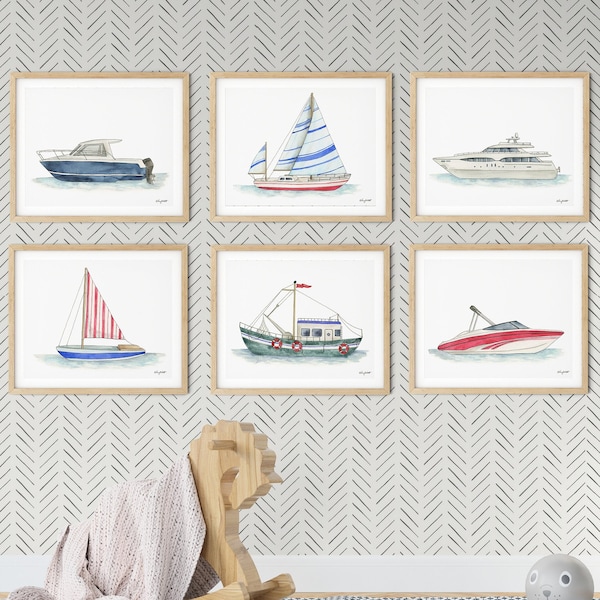 Set of 6 Boats Art Prints, Kids Gallery Wall Set, Nautical Wall Art, Transportation Print Nursery, Watercolor Painting, Boat Decor, Sailboat