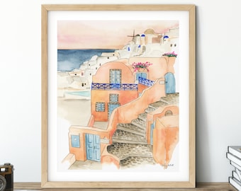 Santorini Wall Art, Watercolor Painting, Greece Painting, Santorini Painting, Greece Print, Watercolor Santorini, Travel Print, Greece Art