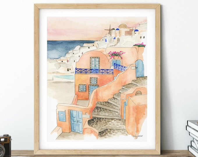 Santorini Wall Art, Watercolor Painting, Greece Painting, Santorini Painting, Greece Print, Watercolor Santorini, Travel Print, Greece Art