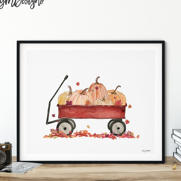 DIGITAL DOWNLOAD - Red Wagon Fall Wall Art, Pumpkin Wagon Art Print, Pumpkin Patch Wall Art, Farmhouse Decor, Watercolor Rustic Fall Decor