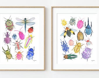 Set of 2 Colorful Beetle Chart Art Prints, Watercolor Insect Wall Art, Nature-Inspired Bug Prints, Nursery Insect Painting, Beetle Wall Art