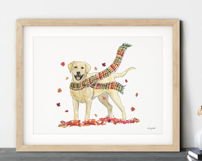 Fall Dog Wall Art, Yellow Lab Art Print, Autumn Home Decor, Plaid Fall Wall Art, Halloween Art Print, Fall Decor, Labrador Retriever Gift