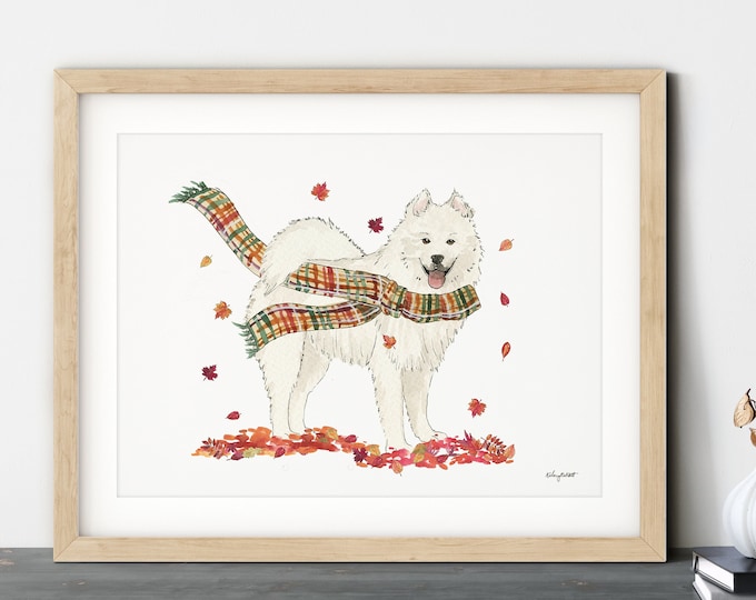 Fall Dog Wall Art, Samoyed Dog Art Print, Autumn Home Decor, Plaid Fall Wall Art, Halloween Art Print, Fall Decor, Samoyed Dog Gift