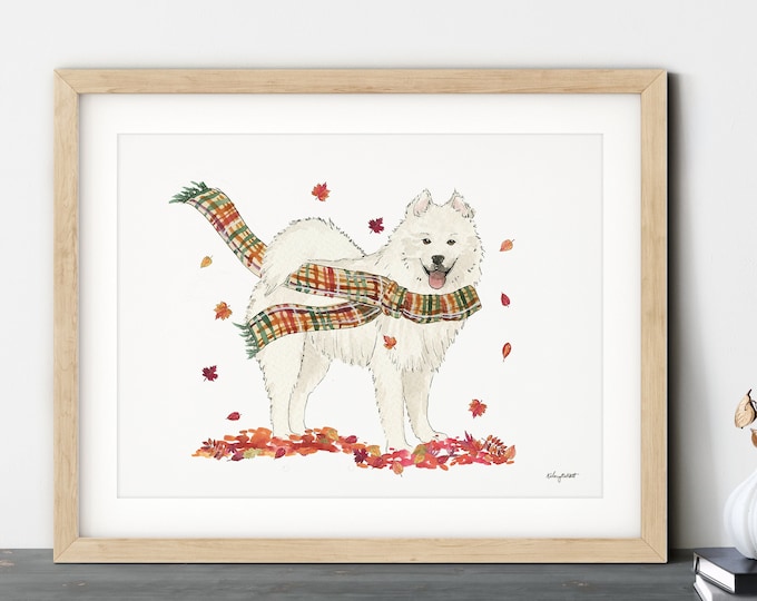 Fall Dog Wall Art, Samoyed Dog Art Print, Autumn Home Decor, Plaid Fall Wall Art, Halloween Art Print, Fall Decor, Samoyed Dog Gift