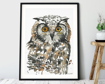 Great Horned Owl Print, Owl Watercolor Painting, Owl Wall Decor, Bird Wall Art Print, Bird Prints, Owl Poster, Woodland Owl Print, Night Owl