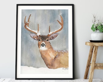 Deer Watercolor Print, Deer in Snow, Winter Elk, Deer Wall Art, Woodland Animal Decor, Deer Antlers Decor, Deer Poster, Rustic Stag Painting