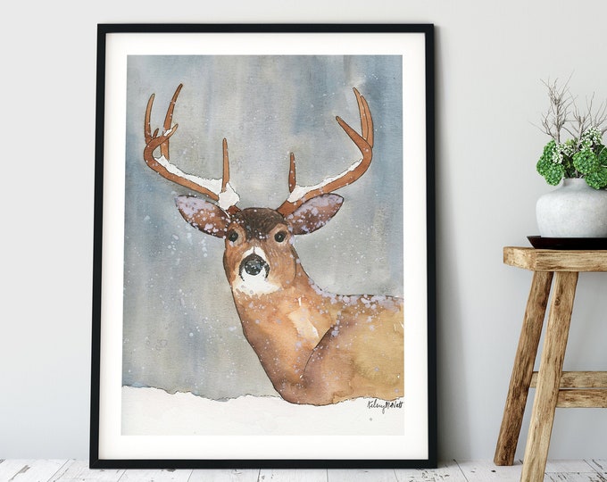 Deer Watercolor Print, Deer in Snow, Winter Elk, Deer Wall Art, Woodland Animal Decor, Deer Antlers Decor, Deer Poster, Rustic Stag Painting