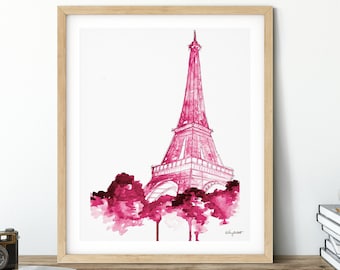 Pink Paris Print, Pink Eiffel Tower Watercolor Painting, Paris Wall Art, Paris Poster, Eiffel Tower Print, Travel Poster, Paris Home Decor