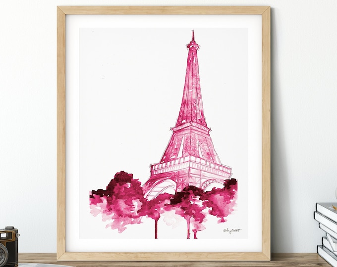 Pink Paris Print, Pink Eiffel Tower Watercolor Painting, Paris Wall Art, Paris Poster, Eiffel Tower Print, Travel Poster, Paris Home Decor