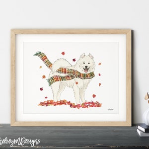 Fall Dog Wall Art, Samoyed Dog Art Print, Autumn Home Decor, Plaid Fall Wall Art, Halloween Art Print, Fall Decor, Samoyed Dog Gift