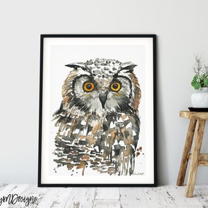 Great Horned Owl Print, Owl Watercolor Painting, Owl Wall Decor, Bird Wall Art Print, Bird Prints, Owl Poster, Woodland Owl Print, Night Owl