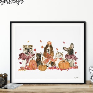 DIGITAL DOWNLOAD - Pumpkin Patch Pets Wall Art, Dog Costume, Fall Home Decor, Fall Art Print, Halloween Art Print, Cat and Dog Wall Art