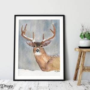 Deer Watercolor Print, Deer in Snow, Winter Elk, Deer Wall Art, Woodland Animal Decor, Deer Antlers Decor, Deer Poster, Rustic Stag Painting