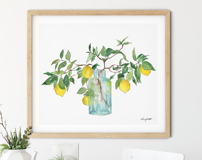 Lemon Art Print, Fruit and Botanical Watercolor Painting, Kitchen Wall art, Lemon Illustration, Kitchen Decor, Garden Lemon Tree Fruit Art