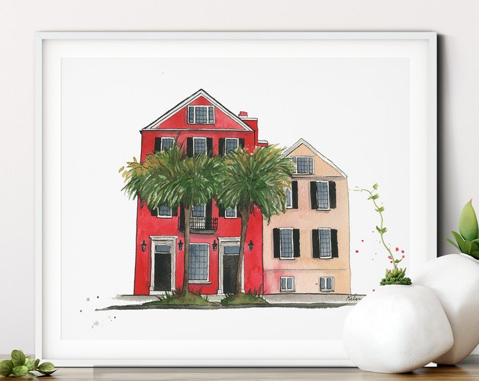 Charleston Print, South Carolina Travel Illustration, Watercolor Painting, Rainbow Row Charleston Art Print, Charleston Skyline, Cityscape