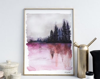 Misty Waters - Watercolor painting, Forest Print, Nature Print, Landscape Art, Home Decor, Wall Art, Tree, Living Room Decor, Woodland