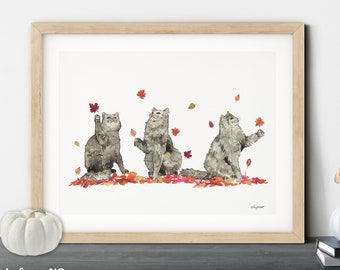 Fall Cats Wall Art, Autumn Leaves Art, Fall Home Decor, Fall Art Print, Halloween Art Print, Halloween Home Decor, Cats Watercolor Painting