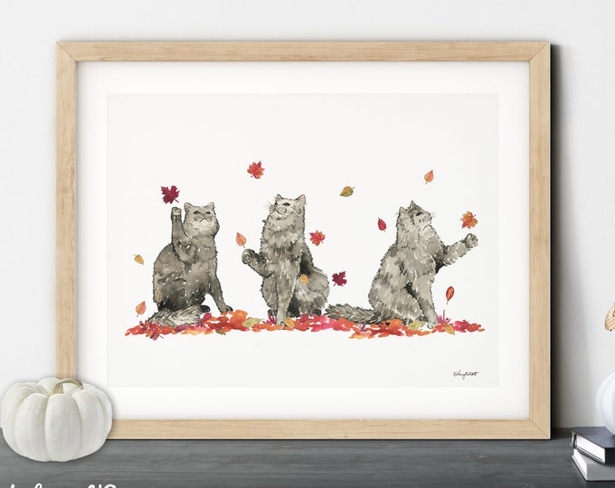 Fall Cats Wall Art, Autumn Leaves Art, Fall Home Decor, Fall Art Print, Halloween Art Print, Halloween Home Decor, Cats Watercolor Painting