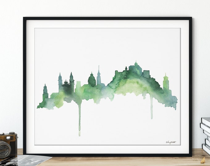 Salzburg Skyline Wall Art, Salzburg Austria Cityscape, Austria Wall Art, Watercolor Skyline, Travel Art, Watercolor Abstract Skyline