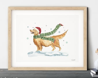 TÉLÉCHARGEMENT NUMÉRIQUE - Christmas Dog Art Print, Dog Lover Gift, Holiday Decor, Aquarelle, Golden Retriever Holiday Art