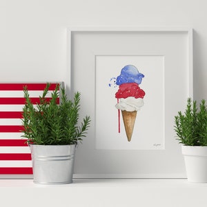 DIGITAL DOWNLOAD - Ice Cream Cone Print, 4th of July Printable, Fourth of July Decor, Red White Blue, Kitchen Art Printable, Dessert Print