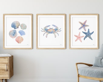 Set of 3 Coastal Art Prints, Watercolor Painting, Beach Decor, Seashells, Blue Crab, Starfish, Coastal Wall Art, Nautical Art Decor