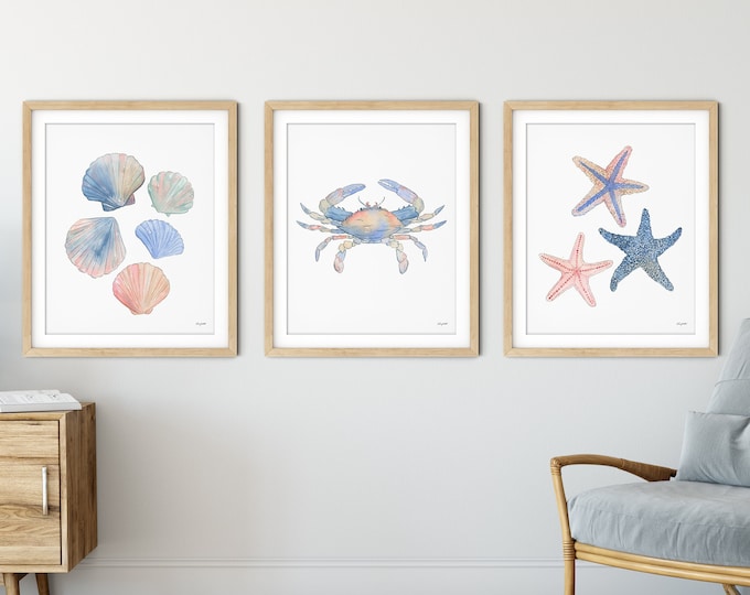 Set of 3 Coastal Art Prints, Watercolor Painting, Beach Decor, Seashells, Blue Crab, Starfish, Coastal Wall Art, Nautical Art Decor