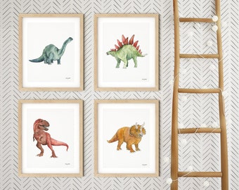 Set of 4 Dinosaur Wall Art, Kids Gallery Wall Set, Dinosaur Art Prints, Dinosaur Nursery, Watercolor Painting, T-Rex Print, Dinosaur Decor