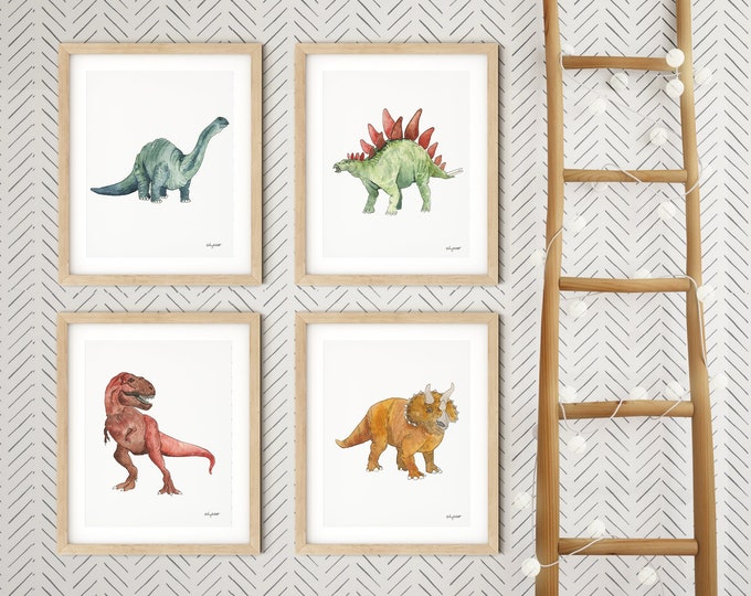 Set of 4 Dinosaur Wall Art, Kids Gallery Wall Set, Dinosaur Art Prints, Dinosaur Nursery, Watercolor Painting, T-Rex Print, Dinosaur Decor